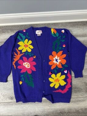 Vintage Jaclyn Smith Royal Blue Floral Cardigan - Bright Multicolor Flowers